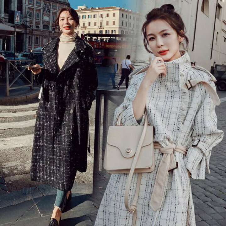 楽天市場】チェスターコート ロング レティース チェック柄 ベルト付き  