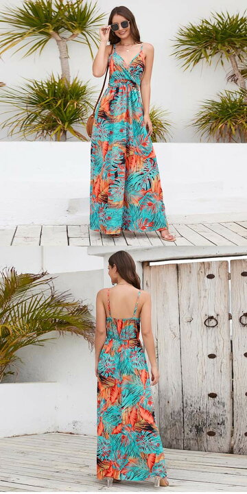 楽天市場】ハワイ リゾートワンピース マキシ丈 Vネック ノースリーブ  