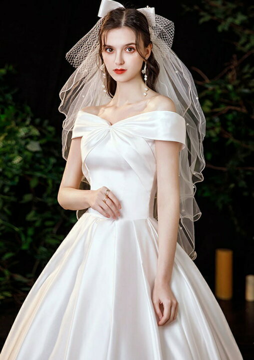 楽天市場】ウェディングドレス 花嫁 オフショルダー Aライン サテン 白  