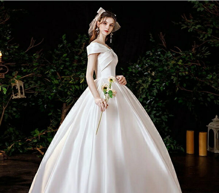 楽天市場】ウェディングドレス 花嫁 オフショルダー Aライン サテン 白  