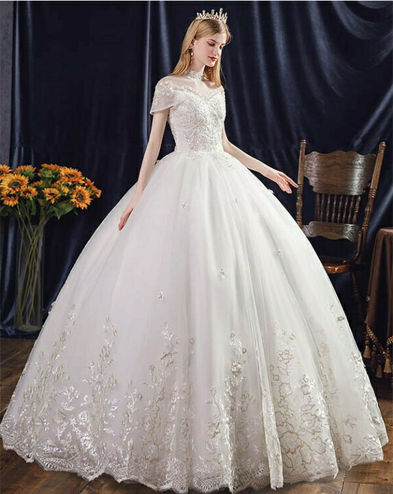 楽天市場】ウェディングドレス 花嫁 Aライン 白ドレス スタンドカラー  