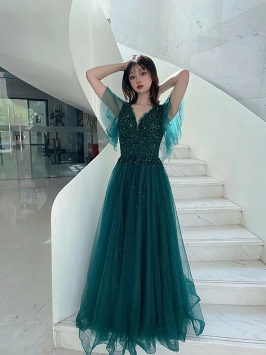 楽天市場】ロングドレス 演奏会 緑 ピアノ 発表会 ドレス ウェディング  