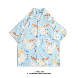 アロハシャツ シャツ レディース 開襟シャツ 夏物 ハワイアン 半袖 アヒル柄 総柄 可愛い ゆったり 体型カバー 大きいサイズ ヴィンテージ風 シンプルデザイン オープンカラー カジュアル ストリートリゾート 旅行 海 ビーチ レトロ