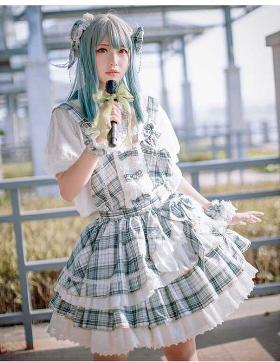楽天市場 ロリータ ワンピース ジャンパースカート レディース ロリィタ 甘ロリ チェック柄 グリーン アイドル スカート フリル リボン かわいい 髪飾り追加購入可 イベント 大きいサイズ ブラウス追加購入可 クリスマス パーティー S M L Xl 2xl グレースショップ