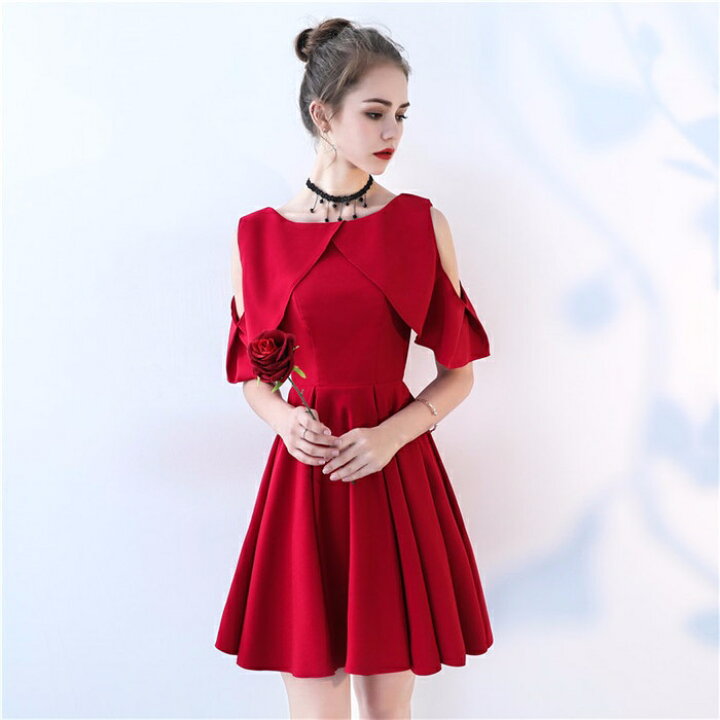 楽天市場 ドレス 大人 ピアノ 発表会 夏 演奏会 袖付き パーティードレス 肩出し ワンピース 結婚式 膝丈 ファスナー 小さいサイズ 韓国 小柄 フォーマル ブラック 赤 ドレス フリル エレガント お呼ばれ 韓国ファッション 司会 大きいサイズ 代 グレースショップ