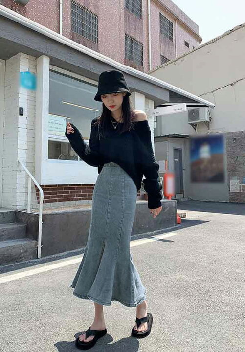 楽天市場】マーメイドスカート デニム スリット フェミニン ミモレ丈  