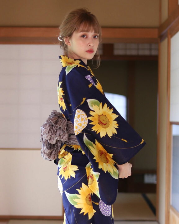 楽天市場 浴衣 レディース 2点セット 浴衣 帯 紺 ネイビー 黄色 イエロー 紫 パープル ラベンダー ひまわり 毬 花柄 ゆかた館 グレース