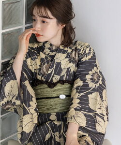 こだわり浴衣5点セット (浴衣/帯/下駄/腰紐/着付け冊子) 浴衣 レディース 浴衣 セット 変わり織生地 ブラック 黒 向日葵 ヒマワリ ひまわり ストライプ 縦縞 縞