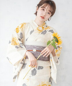 こだわり浴衣 5点セット (浴衣/帯/下駄/腰紐/着付け冊子) ※レース兵児帯は別売り 浴衣 レディース 浴衣 セット 変わり織生地 黄色 イエロー 向日葵 ヒマワリ ひまわり