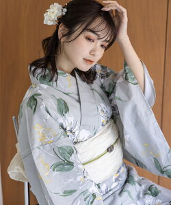 こだわり浴衣 5点セット (浴衣/帯/下駄/腰紐/着付け冊子) 浴衣 レディース 浴衣 セット 変わり織生地 ライトグレー グレー 向日葵 ヒマワリ ひまわり 手書き
