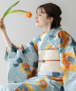 こだわり浴衣 5点セット (浴衣/帯/下駄/腰紐/着付け冊子) 浴衣 レディース 浴衣 セット 変わり織生地 ライトグリーン グリーン 向日葵 ヒマワリ ひまわり