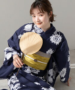 こだわり浴衣 5点セット (浴衣/帯/下駄/腰紐/着付け冊子) ※レース兵児帯は別売り 浴衣 レディース 浴衣 セット 変わり織生地 紺 ネイビー 向日葵 ヒマワリ ひまわり