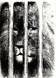ラバースタンプ 檻の中のライオン 木の持ち手 ウッドマウント 輸入スタンプ アートスタンプ ゴム印・スタンプ