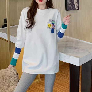 スマイリーフェイス/ワイトベルベットボトムシャツ レディース トップス ロンT Tシャツ 丈長 長袖 ラグラン クルーネック ストレート オーバーサイズ フェミニン 裏起毛 綿 コットン ベルベ