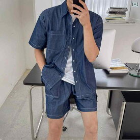デニム シャツ ジャケット 半袖 メンズ トップス 春夏 カジュアル 大きいサイズ 韓国 レトロ ショートパンツ ブルー