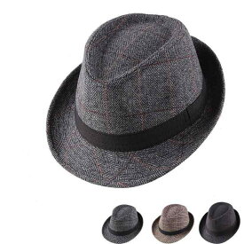 中折れハット メンズ 帽子 ジャズ 秋冬 英国 シルクハット 紳士 ウール チェック ファッション グレー ブラック