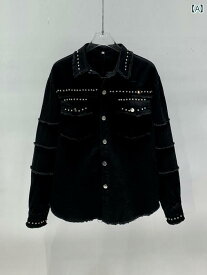 デニムジャケット メンズ カットオフ 長袖 カジュアル ラインストーン アメリカン ファッション 韓国 大きいサイズ ブラック