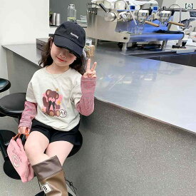 tシャツ キッズ 子供服 女の子 ロンT 長袖 コットン プリント ラウンドネック ラグランスリーブ ホワイト グレー グリーン 韓国