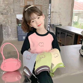 tシャツ キッズ 子供服 女の子 ロンT 春 春秋 綿 ラグラン 長袖 トップス ピンク ベージュ グリーン 韓国