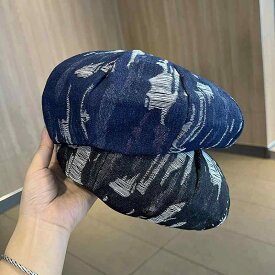 ベレー帽 レディース 帽子 デニム レトロ 春秋 カジュアル ダメージ ファッション 韓国 ブラック ブルー