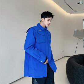 シャツ トップス メンズ ダーク ファッション 大きいサイズ ストリート 肩パッド ミリタリー ジャケット ブルー ブラック 韓国
