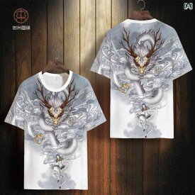 tシャツ メンズ ドラゴン 龍 トップス 半袖 大きい サイズ ラウンドネック ホワイト グレー ブラック