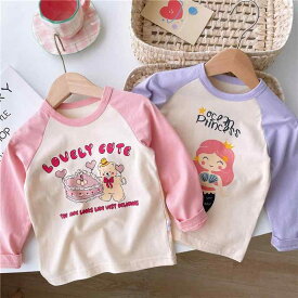 tシャツ キッズ 子供服 女の子 ロンT 春 長袖 カジュアル トップス ラグランスリーブ 綿 ラウンドネック パープル ピンク 韓国