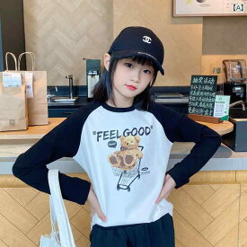 tシャツ キッズ 子供服 女の子 ロンT ラグランスリーブ ラウンドネック 長袖 綿 春秋 ホワイト グレー くま