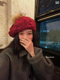 ベレー帽 帽子 メンズ レディース カジュアル 秋冬 ファーボール ツイスト ニット ワインレッド グレー ポンポン