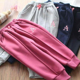 パンツ キッズ 子供服 女の子 厚手 ベルベット フリース カジュアル 刺繍 ピンク ネイビー グレー スウェット 韓国