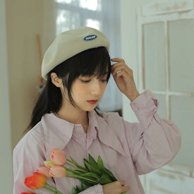 ベレー帽 帽子 レディース かわいい おしゃれ 韓国 通気性 ラベル カジュアル レトロ パープル カーキ グレー