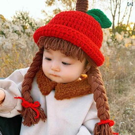 帽子 ベビー 赤ちゃん キッズ 女の子 ニット 秋冬 防寒 暖かい ウィッグ かわいい レッド ベージュ ピンク