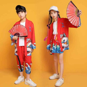 コスプレ 子供 キッズ コスチューム 衣装 夏 漢服 男の子 女の子 パフォーマンス 中国風 ストリート ダンス ヒップホップ カーディガン 着物 レッド グレー