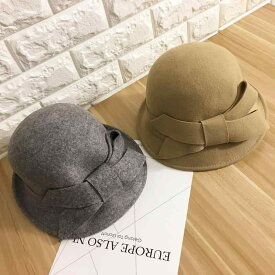 ハット レディース 帽子 エレガント 上品 韓国 秋冬 リボン ドーム レトロ フェルト ブラック レッド ネイビー ウール