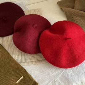 ベレー帽 レディース 帽子 おしゃれ かわいい レトロ ウール 赤 ワインレッド