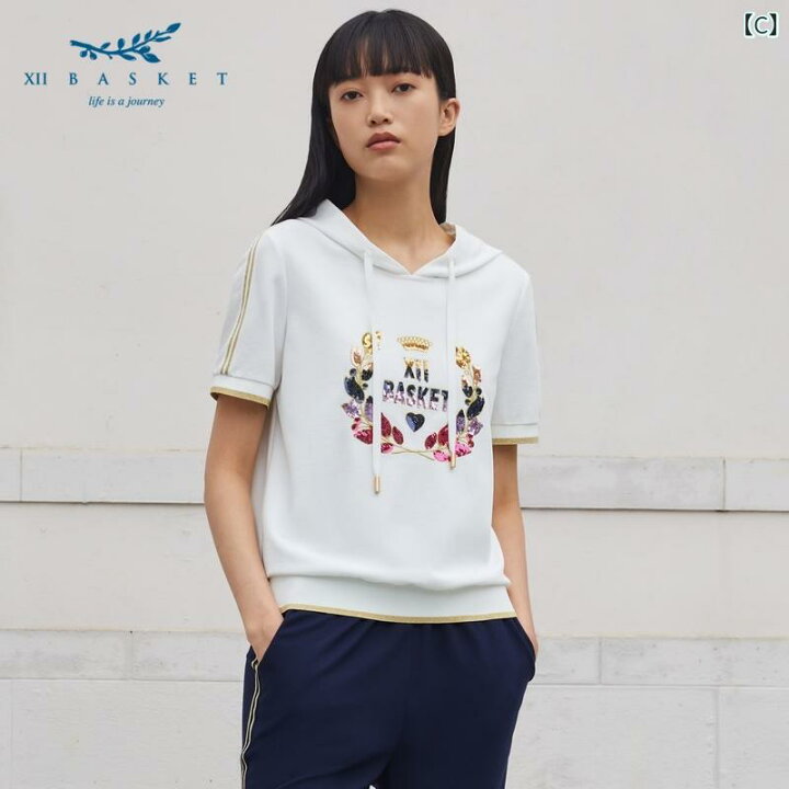 楽天市場】パーカー レディース 半袖 トップス スパンコール 刺繍 ロゴ  