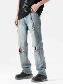デニムパンツ メンズ ジーンズ ジーパン ダメージ クラッシュ ウォッシュド 伸縮性 ストリート カジュアル パンツ 大きいサイズ 韓国 ブラック イエロー グレー