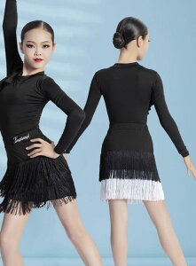 社交ダンス 衣装 キッズ 子供 練習着 ラテン 舞台 ステージ 女の子 長袖 半袖 タッセル スカート パフォーマンス ブラック