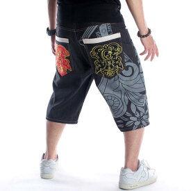 デニム パンツ メンズ ジーンズ カジュアル 大きいサイズ ヒップホップ ショート 春夏 刺繍 プリント クロップド 黒 ハーフパンツ