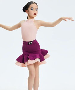 社交ダンス 衣装 キッズ 子供 練習着 ラテン 舞台 ステージ 女の子 パフォーマンス トレーニング スカート ノースリーブ フリル ピンク