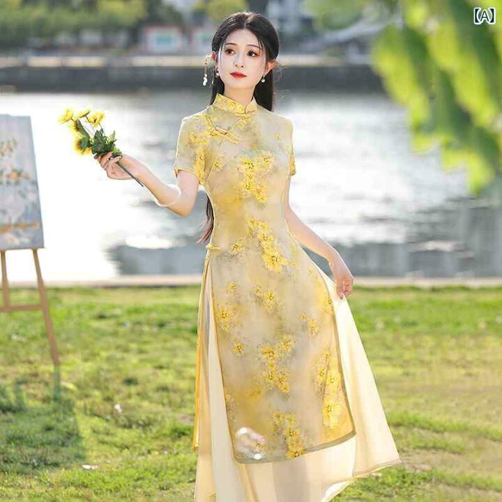 楽天市場】アオザイ チャイナドレス 春夏 中国風 レディース 