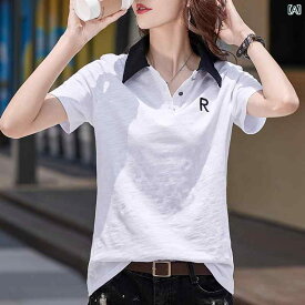 ポロシャツ レディース 半袖 Tシャツ 綿 コットン 刺繍トップス 襟付き ホワイト ブラック グリーン