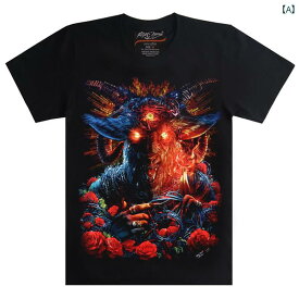 tシャツ 光る トップス メンズ 半袖 羊 ストリート カジュアル プリント ラウンドネック ファッション ブラック