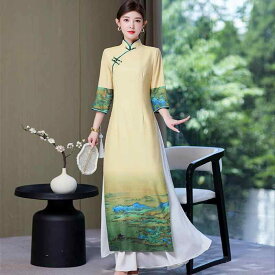 アオザイ チャイナ ドレス 中国風 ワンピース 上品 レディース ショー 衣装 ロング丈 エスニック 黄色
