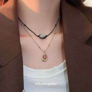 ネックレス 大ぶり レディース アクセサリー ジュエリー 華やか チタン ステンレス スチール パール タイガーアイ ストーン ビーズ レトロ ゴールド