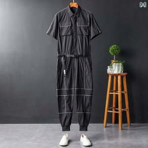 つなぎ 半袖 オーバーオール 作業着 メンズ レディース 夏 フード ハーフジッパー ジャンプスーツ 速乾 薄手 無地 平織り 作業服 ブラック ブルー カーキ