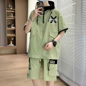 セットアップ 上下セット メンズ 半袖 ハーフパンツ 半パン 夏 カジュアル ファッション パーカー ハーフジップ ショートパンツ グリーン ホワイト ブラック