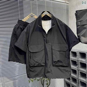 ^ セットアップ 上下セット メンズ 半袖 ハーフパンツ 半パン 夏 カジュアル ファッション ハーフジップ スタンドカラー ショートパンツ ツーピース ドローコード 速乾 ゆったり ブラック