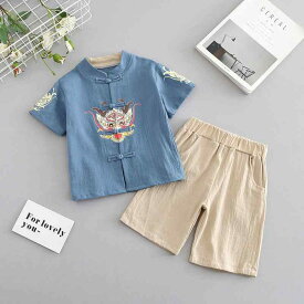 唐装 子供服 キッズ 男の子 女の子 新中華風 半袖 セットアップ 夏 薄手 綿素材 上下セット キャラクター ドラゴン柄 普段使い カジュアル