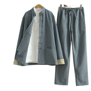 唐装 メンズ 3点セット 伝統服 太極拳ウェア カンフー服 武術服 中高年向け シニア 薄手 ポリエステル ゆったり ミドル丈 ロング丈 チャイナボタン 盤扣 レトロスタイル ブラック グレー ネ